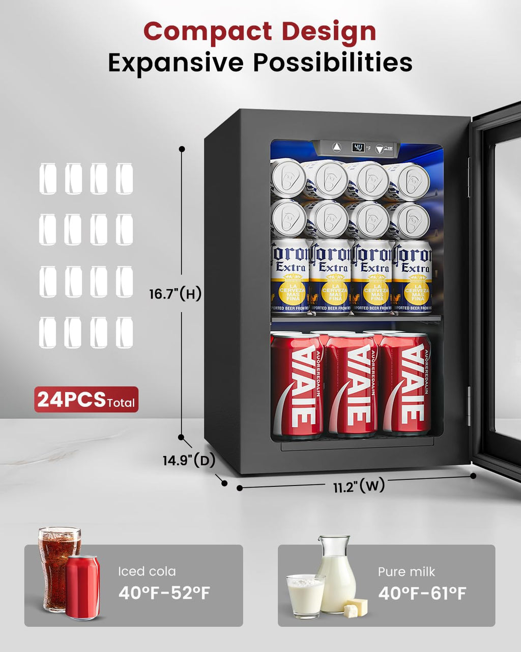 Feelfunn 24 Can Beverage Refrigerator, Mini Fridge, Black