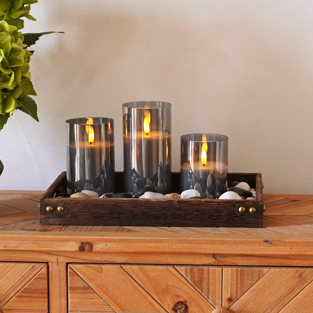 Homemory Grey Glass Flameless Candles, Real Wax, Remote Timer, 3 Pack