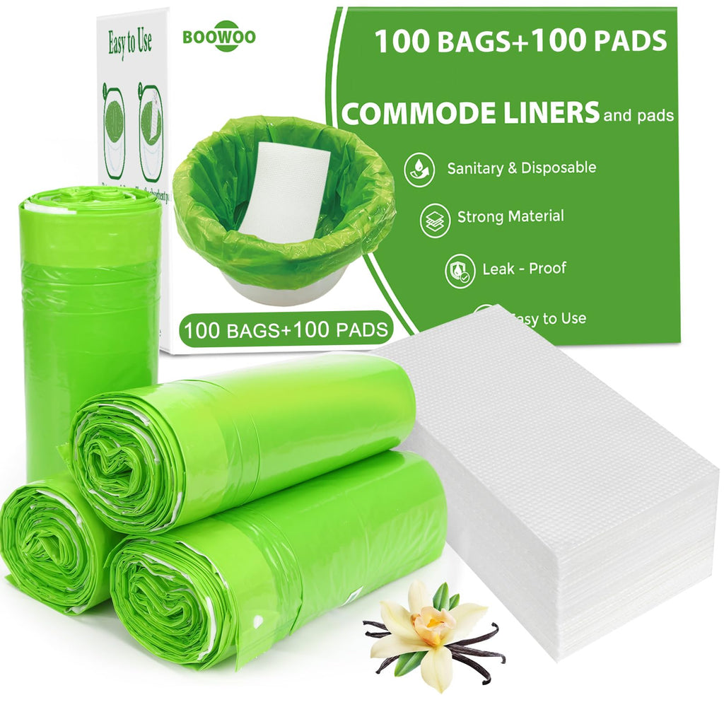 BOOWOO Bedside Commode Liners with Absorbent Pads, Disposable Commode Bags/Pads, Scented Adult Potty Chair Liners, Portable Commode Poop Bag for Commode Chair, Bedpan, Bucket Toilet, 100 Bags+100 Pads