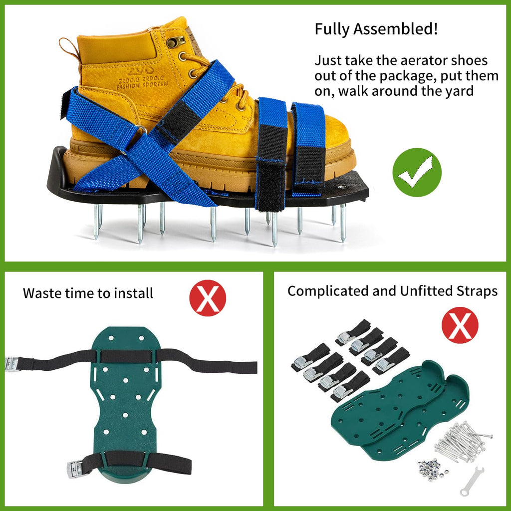 Bakulala Lawn Aerator Shoes Pre-Assembled, Heavy Duty Lawn Spike Shoes with Adjustable Straps, Soil Aerating Tool for Yard Patio Garden with Cleaning Shovel Blue