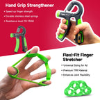 FitBeast Hand Grip Strengthener Workout Kit (5 Pack), 2 Forearm Grip Adjustable Resistance Hand Gripper, Finger Stretcher, Grip Ring & Stress Relief Grip Ball for Athletes, Light Green