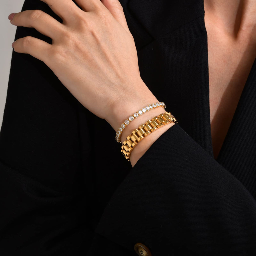 MPRAINBOW 2pcs 18K Gold Plated Chain Link Bracelet, Stainless Steel Crystal Friendship Bracelets Bangle,Watch Band Chains Wristband Jewelry with Adjust Tool