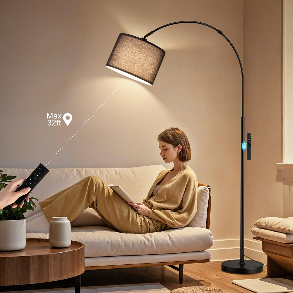 Ambimall Dimmable Arc Floor Lamp with Remote, Color Temperatures and Brightness Adjustable, Arched Floor Lamp with Rotating Head, Over Couch Arched Reading Light for Living Room (Black and Black)