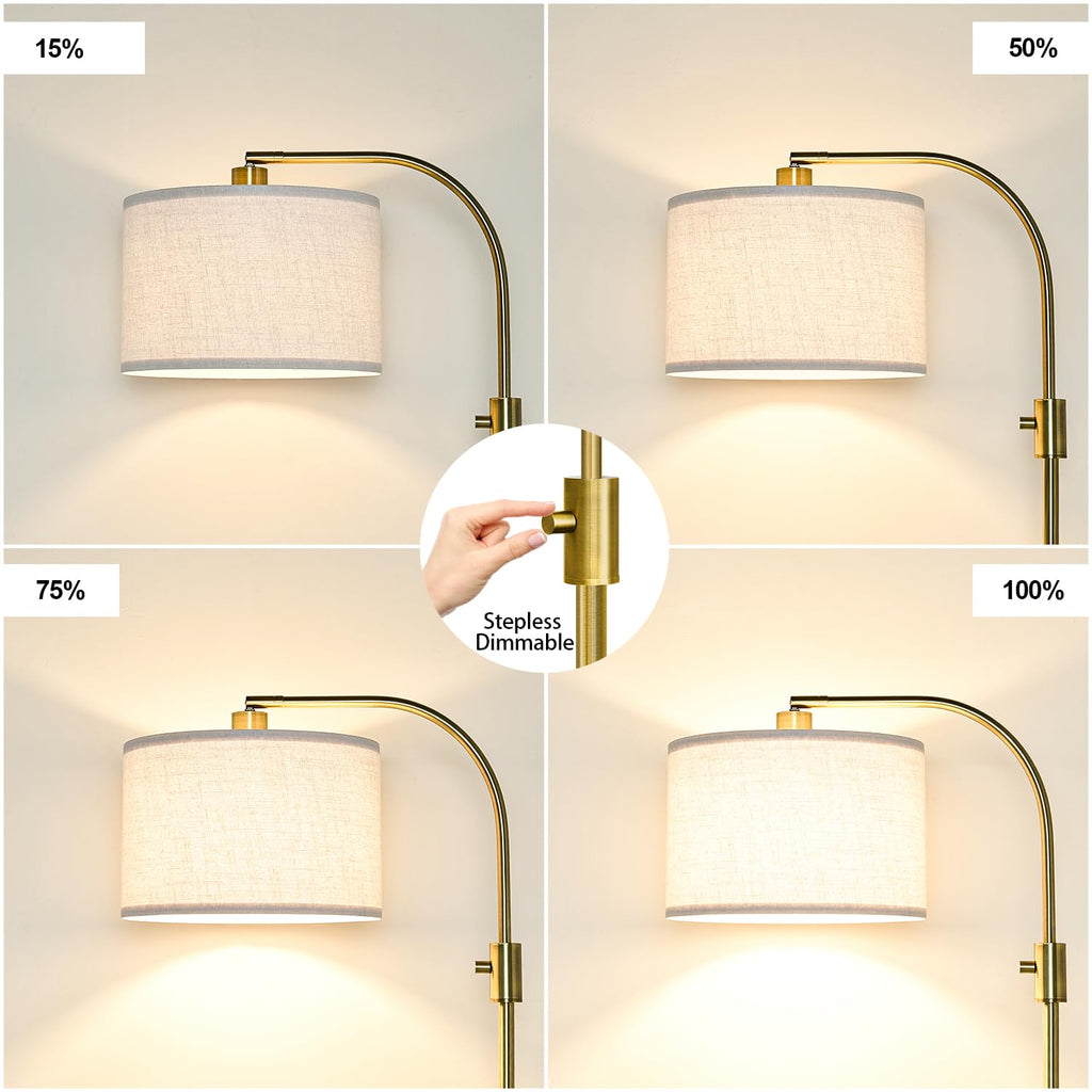 Nintiue Upgraded Modern Arc Dimmable Tall Standing Floor Lamp with Linen Shade, 1200 Lumens LED Bulb Included, for Living & Reading Room, Bedroom, Office & Nursery, Brass