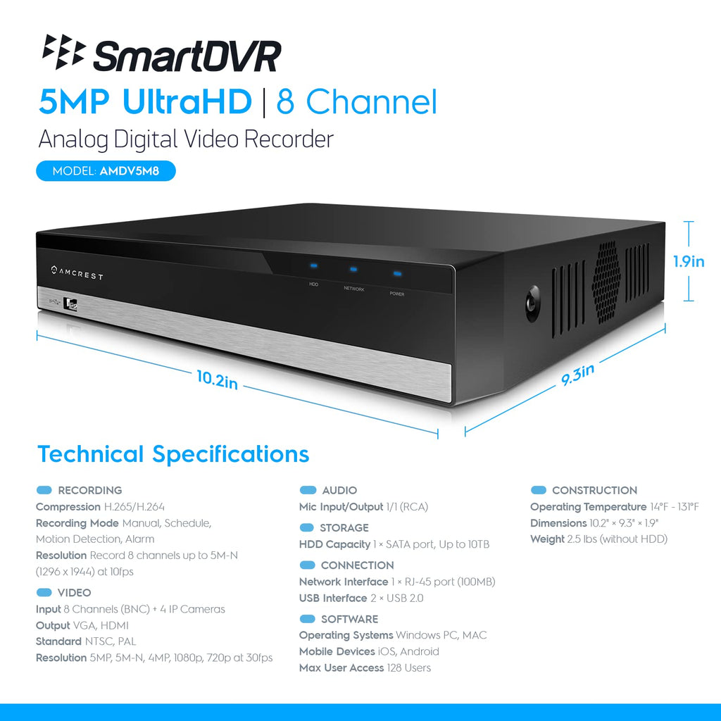 Amcrest 5MP UltraHD 8 Channel DVR Security Camera System Recorder, 5MP DVR for Analog Cameras, Remote Smartphone Access, Pre-Installed 4TB Hard Drive (AMDV5M8-4TB)