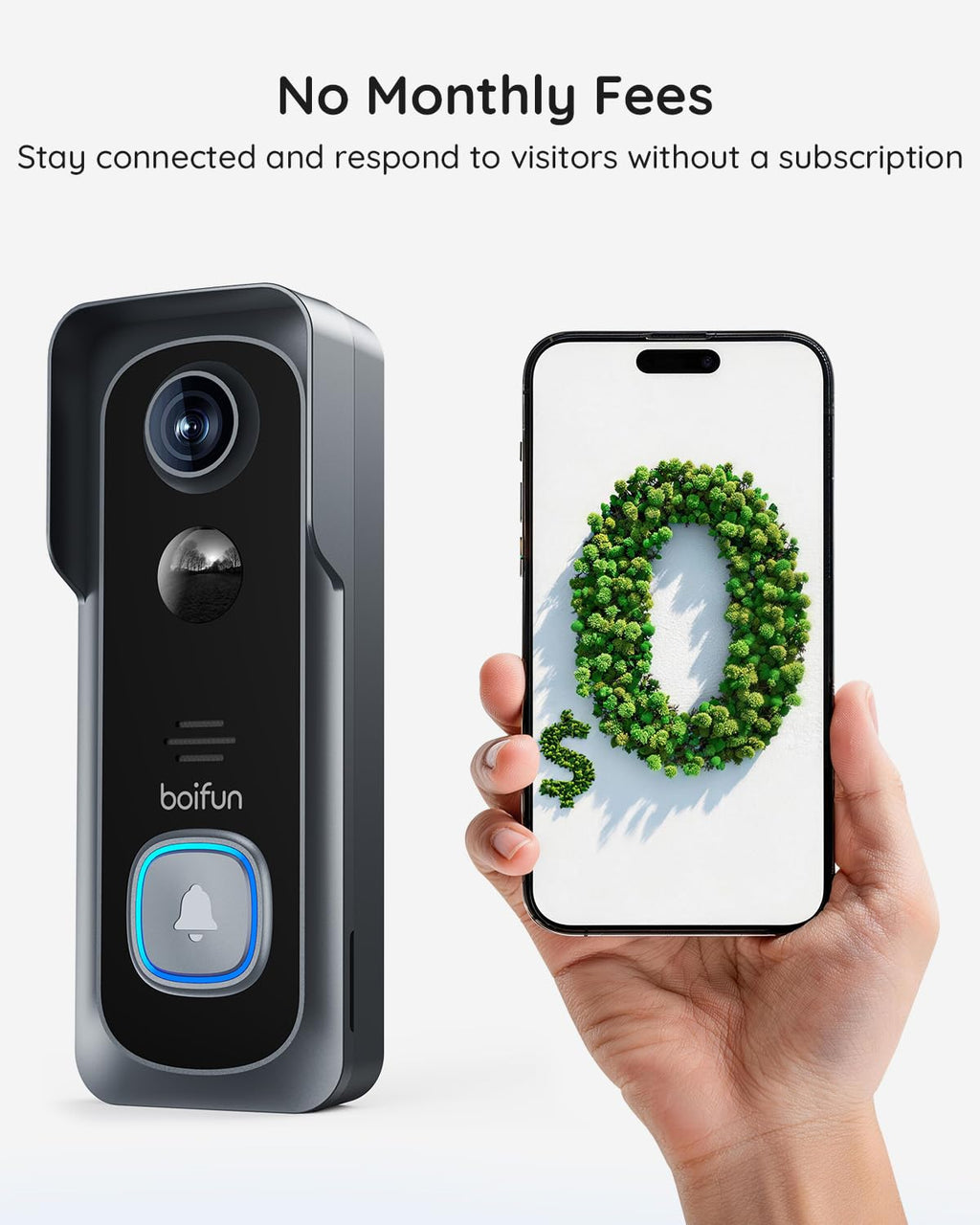 BOIFUN Video Doorbell Camera Wireless – No Subscription Required, 2K HD, 166° Wide View, HDR Night Vision, Motion Alerts, Two‑Way Audio & Battery Video Doorbell with Chime, 2.4 GHz Wi‑Fi Only