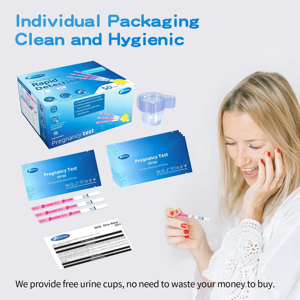 HEAL-CHECK 50 Count Pregnancy Tests with Cups, Bulk Pregnancy Test Strips for Detection at Home, Over 99% Accuracy, Individually Wrapped Fertility Tests, Extra-Wide 5mm HCG Tests, Pruebas De Embarazo