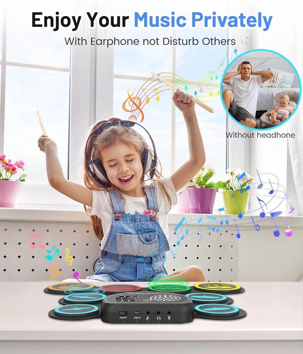 Sboet Electronic Drum Set, 9-Drum Practice Pad with Headphone Jack, Roll-up Drum Kit Machine with Built-in Speaker Drum Pedals and Sticks 10 Hours Playtime, Great Christmas Holiday Gifts for Kids
