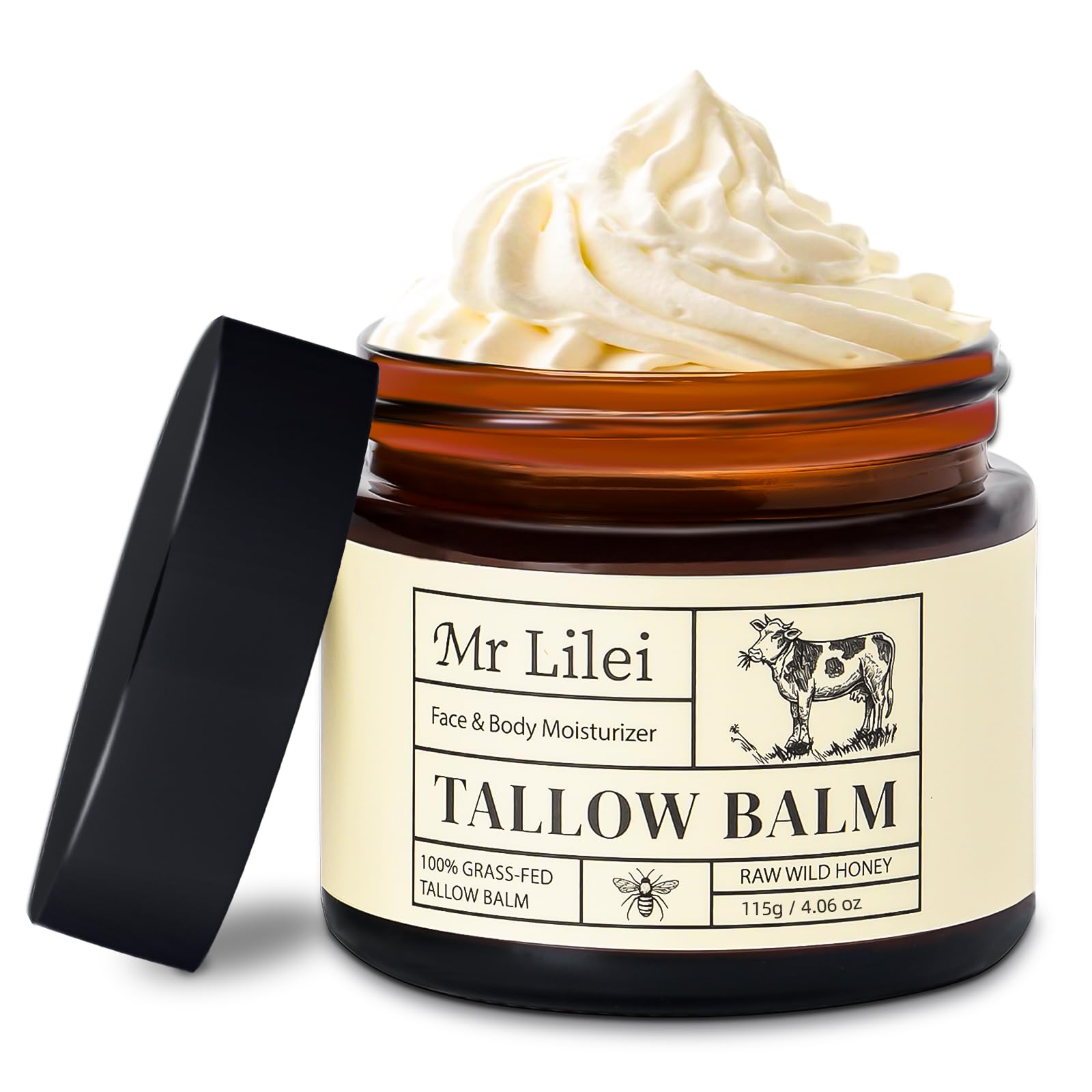 Lilei Beauty Organic Grass-Fed Beef Tallow Balm with Raw Honey - Face & Body Moisturizer - Natural Whipped Skin Care Cream for Dry Skin- Hydrating Body Lotion for Nourishment (Unscented, 115g/4.06oz)