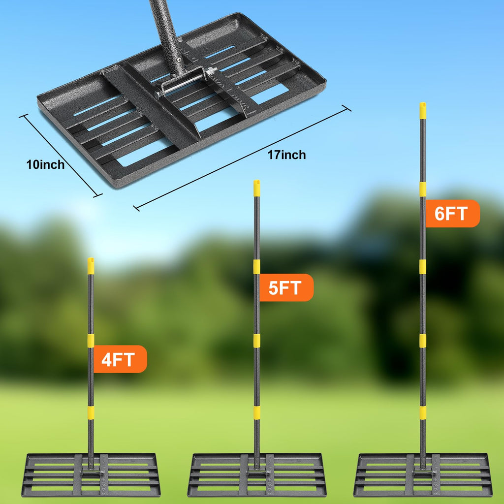 Lawn Leveling Rake, 60 Inch Adjustable Long Handle Leveling Rake, Black Heavy Duty & 1 Inch Diameter Stainless Steel Handle Lawn Rakes, Lawn Leveler Tool for Soil Grass Golf Field Yard