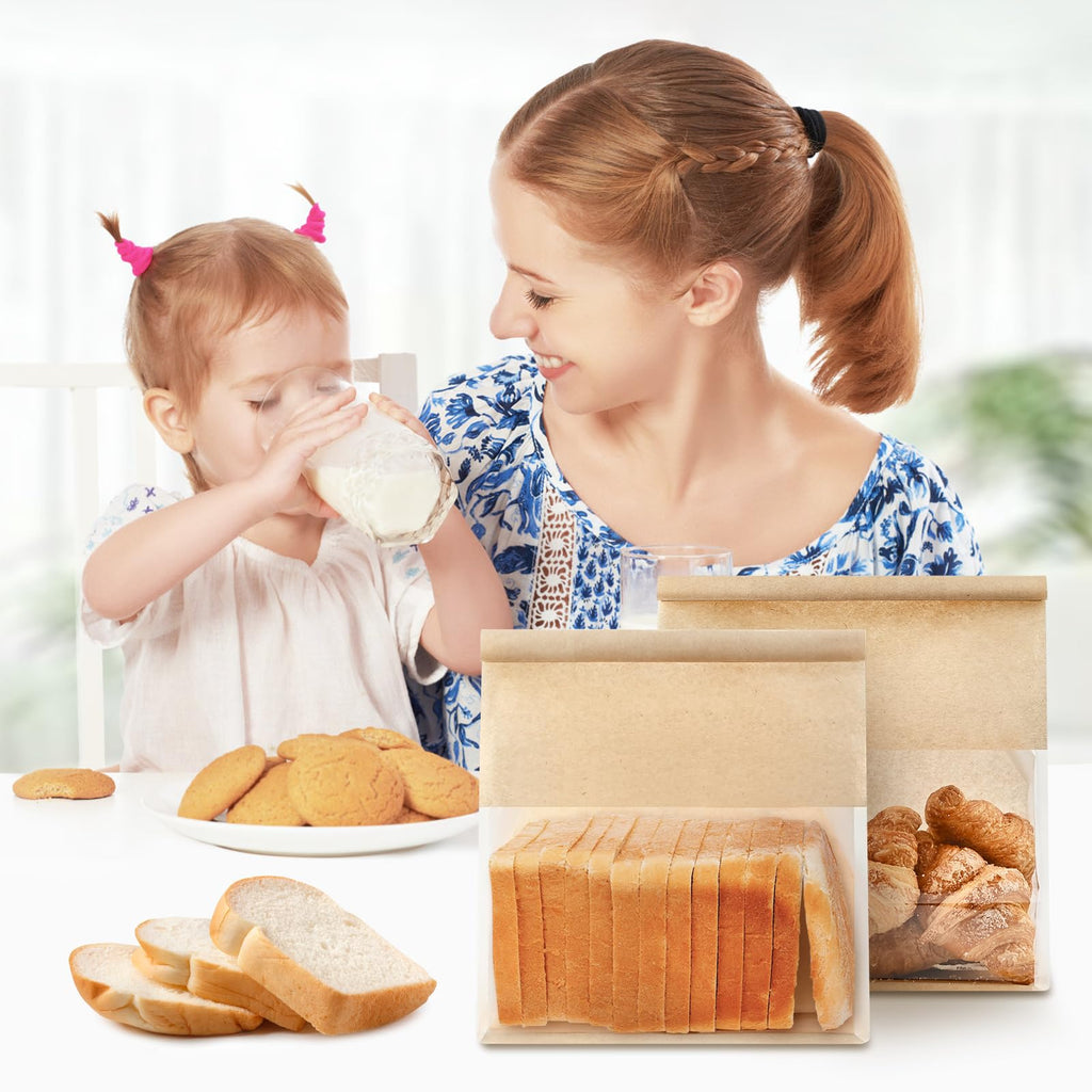 Ohuimrt 100 PCS Paper Bread Bags for Homemade Breads, 11 x 8.7 x 4.3 Inches Kraft Bakery Bags with Tin Tie Tab Lock Sourdough Bread Bags with Window Baked Foods Packaging