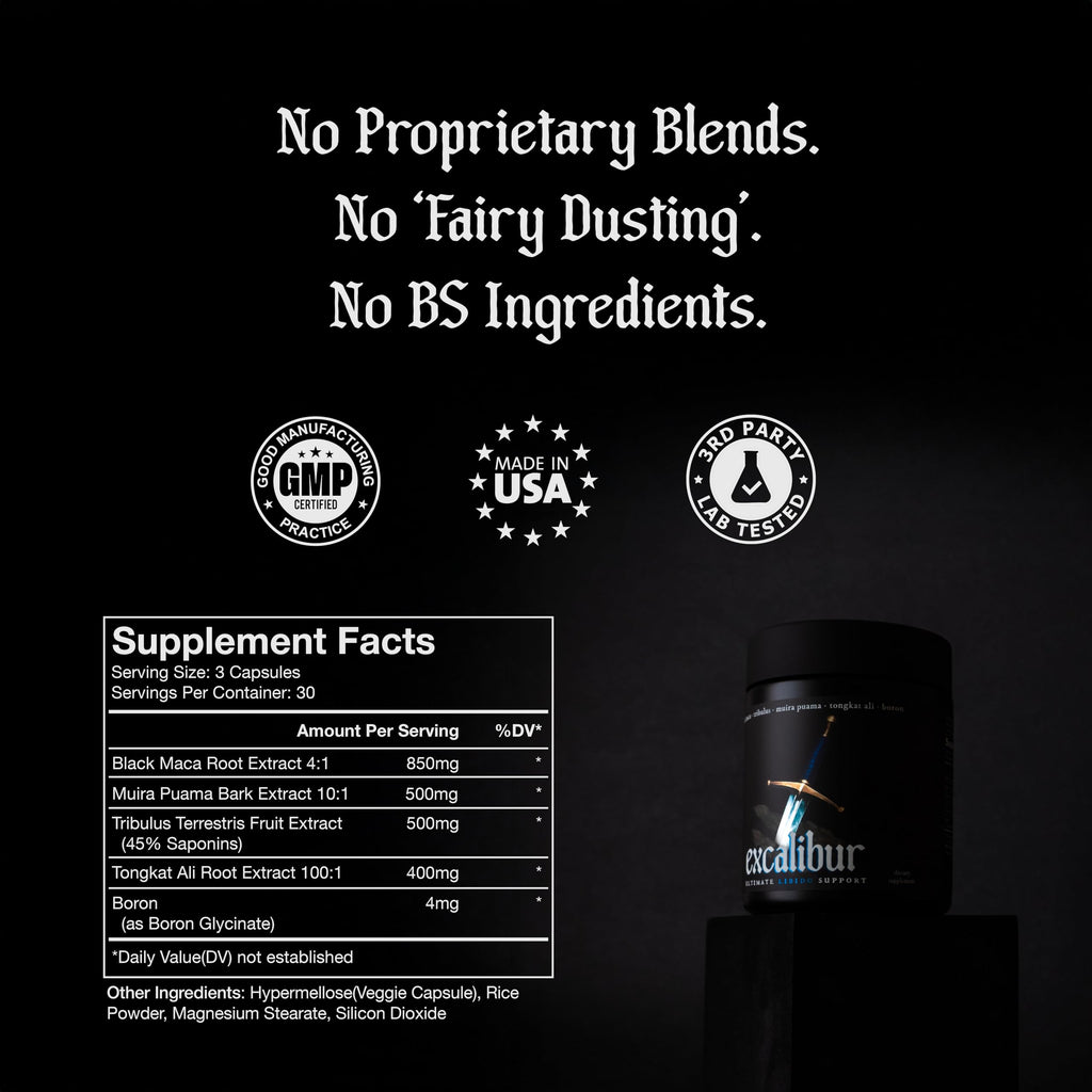 Excalibur - Libido Booster | Testosterone, Hormone & Libido Support for Men | Black Maca, Muira Puama, Tribulus Terrestris, Tongkat Ali, & Boron | One Month Supply, Boost Drive, Desire, and Blood Flow