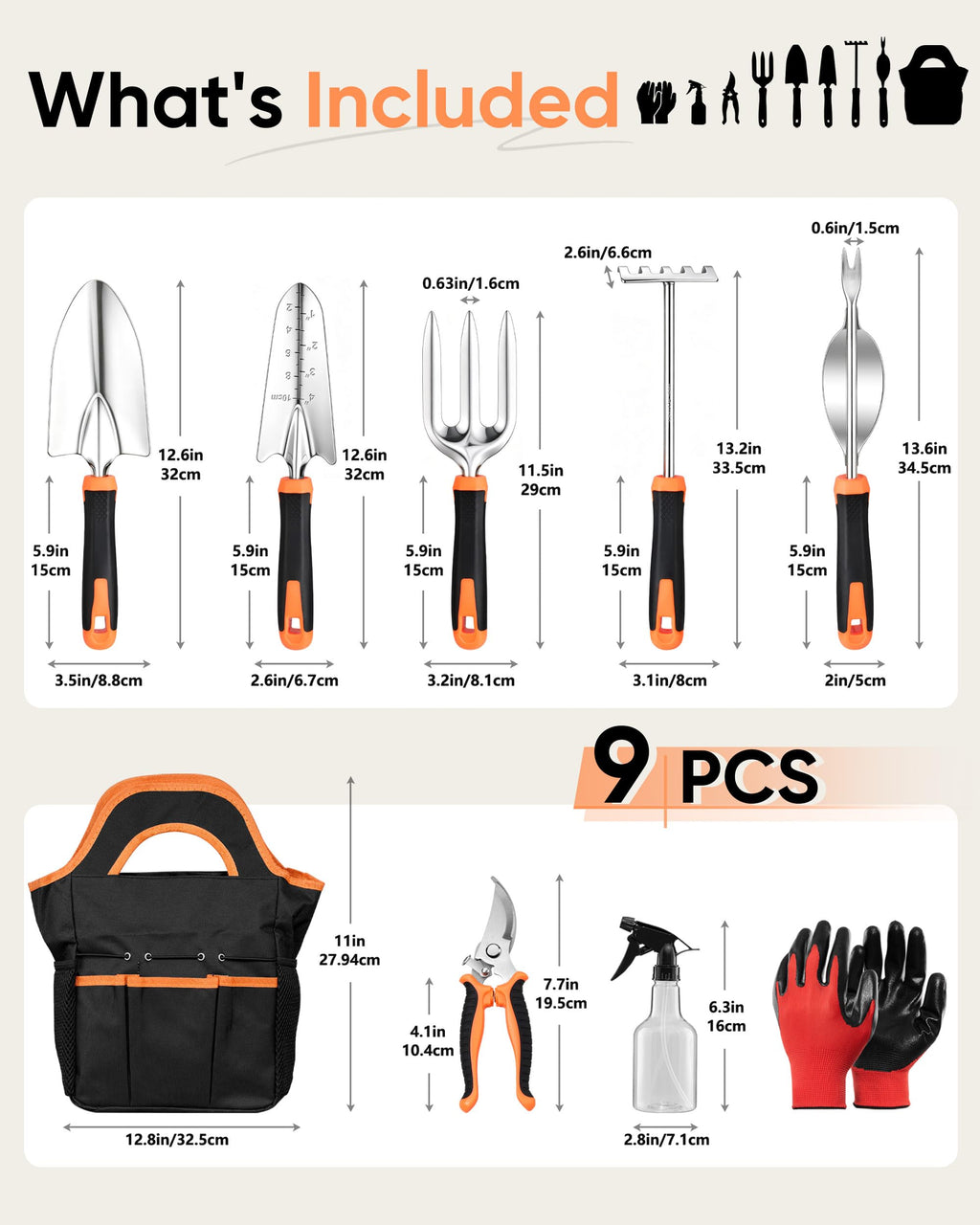 HaSteeL 9-Piece Stainless Steel Garden Hand Tools Set for Planting