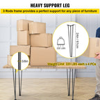 VEVOR Hairpin Table Legs 24" Black Set of 4 Desk Legs 880lbs Total Load Capacity Hairpin Desk Legs 3 Rods for Bench Desk Dining End Table Chairs Carbon Steel DIY Heavy Duty Furniture Legs