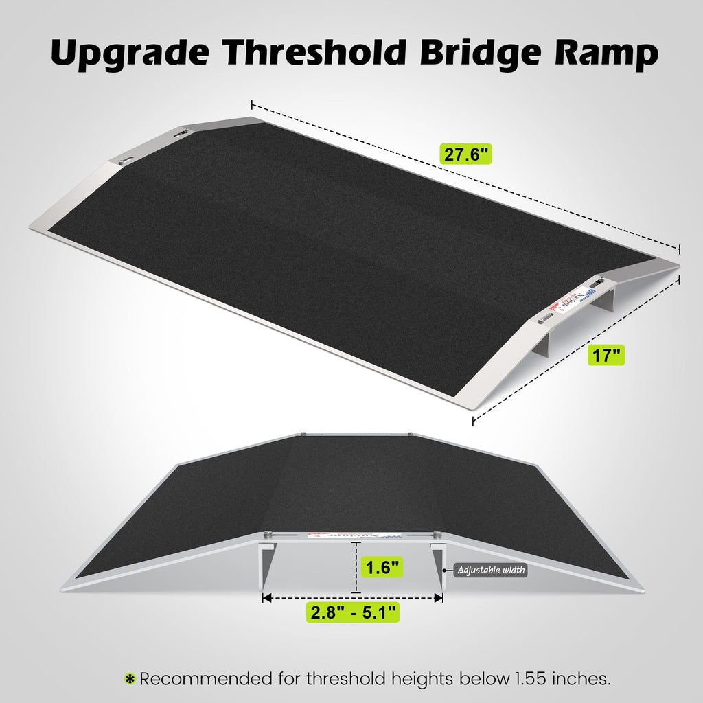 Nuvium 27.6"L×1.6"H Bridge Threshold Ramps for Doorways, Fits 2.8–5.1" Wide Thresholds with Adjustable Support Bars, Non-Slip Aluminum Wheelchair Ramps for Home Steps, Sliding Door Ramp for Wheelchair