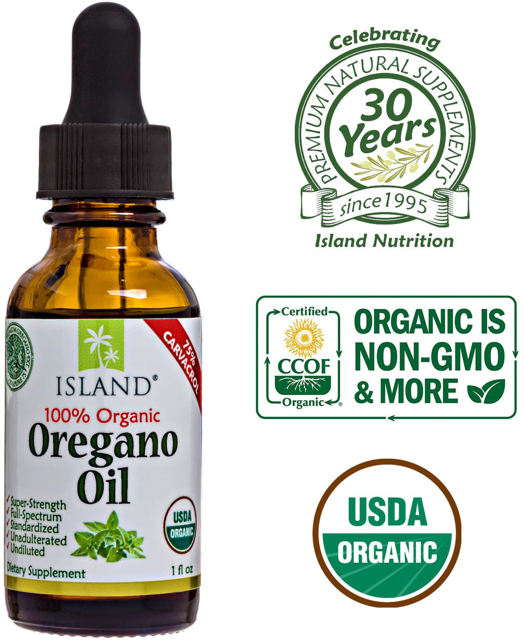 Island Nutrition, Oregano Oil Organic Liquid Drops - 100% Pure & Undiluted - USDA-Certified Organic (1 oz) 75% Carvacrol - Grown in Spain - Immune Support Supplement with Oil of Oregano.
