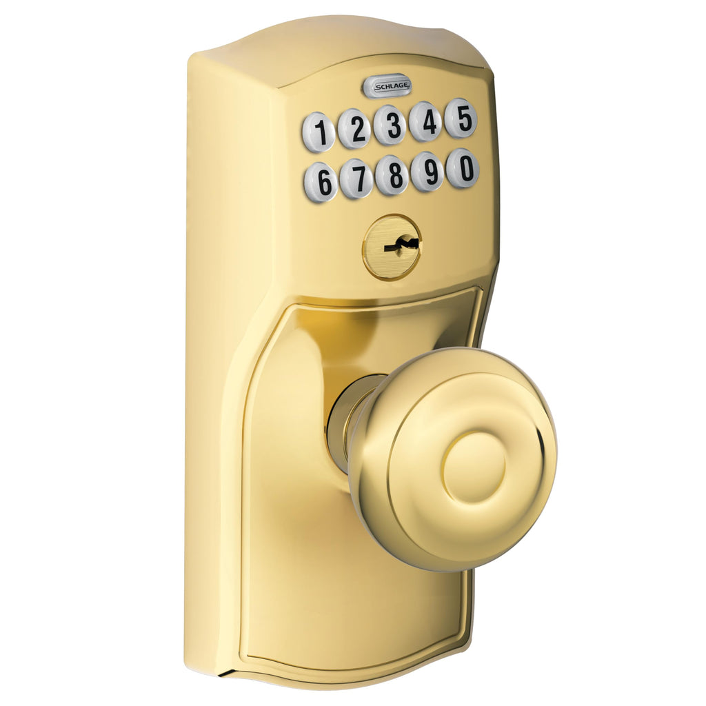 Schlage Camelot Keypad Lock with Knob, Electronic Keyless Door Entry, Flex Lock Auto‑Lock Option, Bright Brass, FE595 CAM 505 GEO