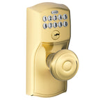 Schlage Camelot Keypad Lock with Knob, Electronic Keyless Door Entry, Flex Lock Auto‑Lock Option, Bright Brass, FE595 CAM 505 GEO
