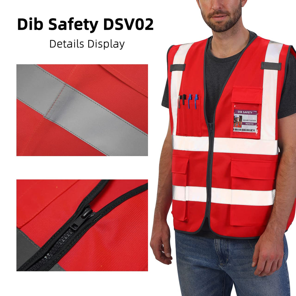 Dib Safety Reflective Safety Vest for Men Women, High Visibility Vest with Pockets and Zipper, Red 4XL