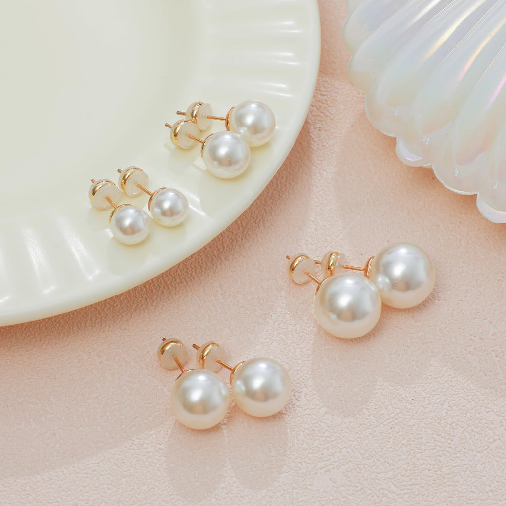 Sanglarst 4 Pairs Pearl Stud Earrings Sterling Silver Earring Flat Round