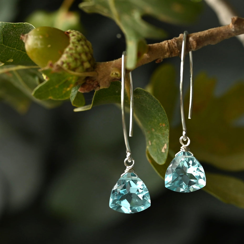Handmade Dangle Earrings for Women - Aquamarine Blue Quartz Sterling Silver in Gift Box - Sparkly Blue Quartz Trillion - Lightweight Dangling - Trendy Long Dangly Drop Handcrafted