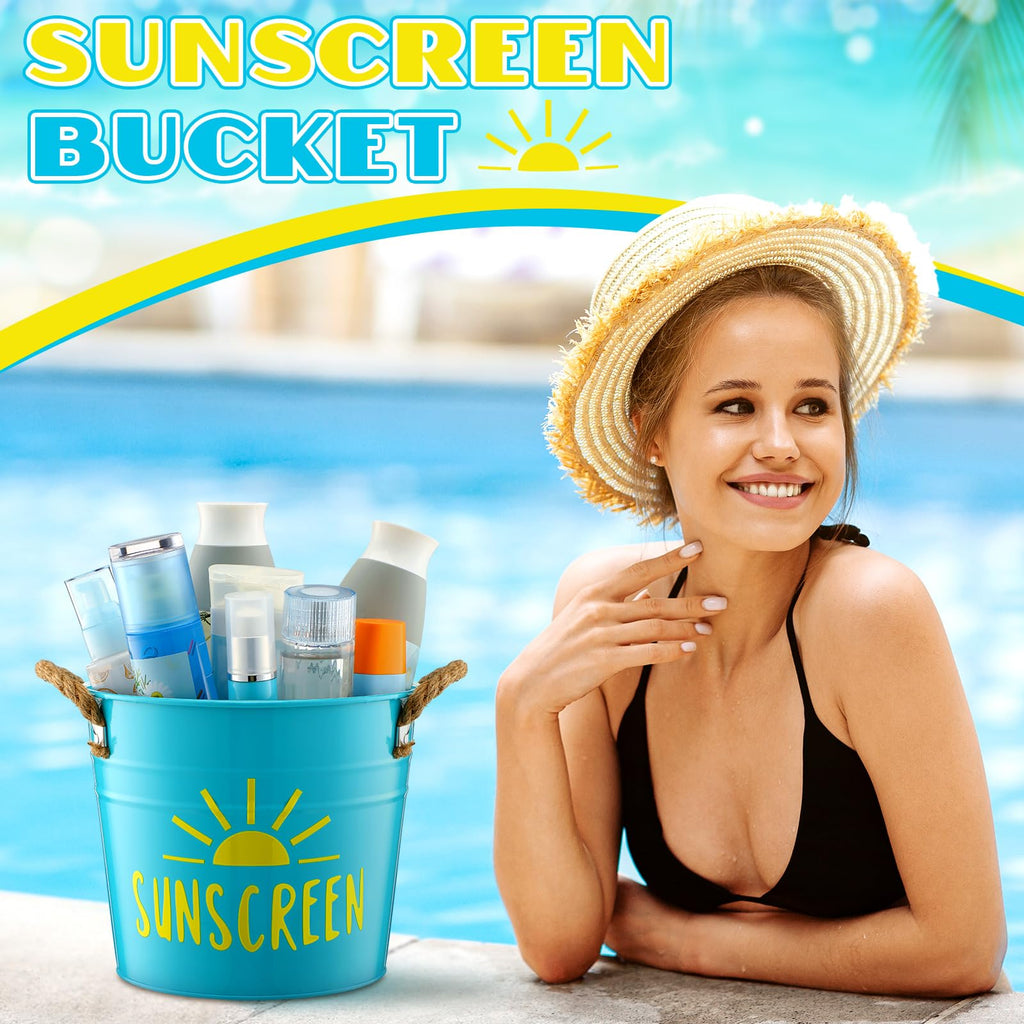 Blulu Sunscreen Holder Storage Pool Spray Bucket Tin Handle Poolside Basket 7.8 x 6.7 x 5.9 Inches Summer Pool Swimming Storage for Outdoor Decor Sunblock Sunglasses Accessories