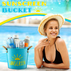 Blulu Sunscreen Holder Storage Pool Spray Bucket Tin Handle Poolside Basket 7.8 x 6.7 x 5.9 Inches Summer Pool Swimming Storage for Outdoor Decor Sunblock Sunglasses Accessories