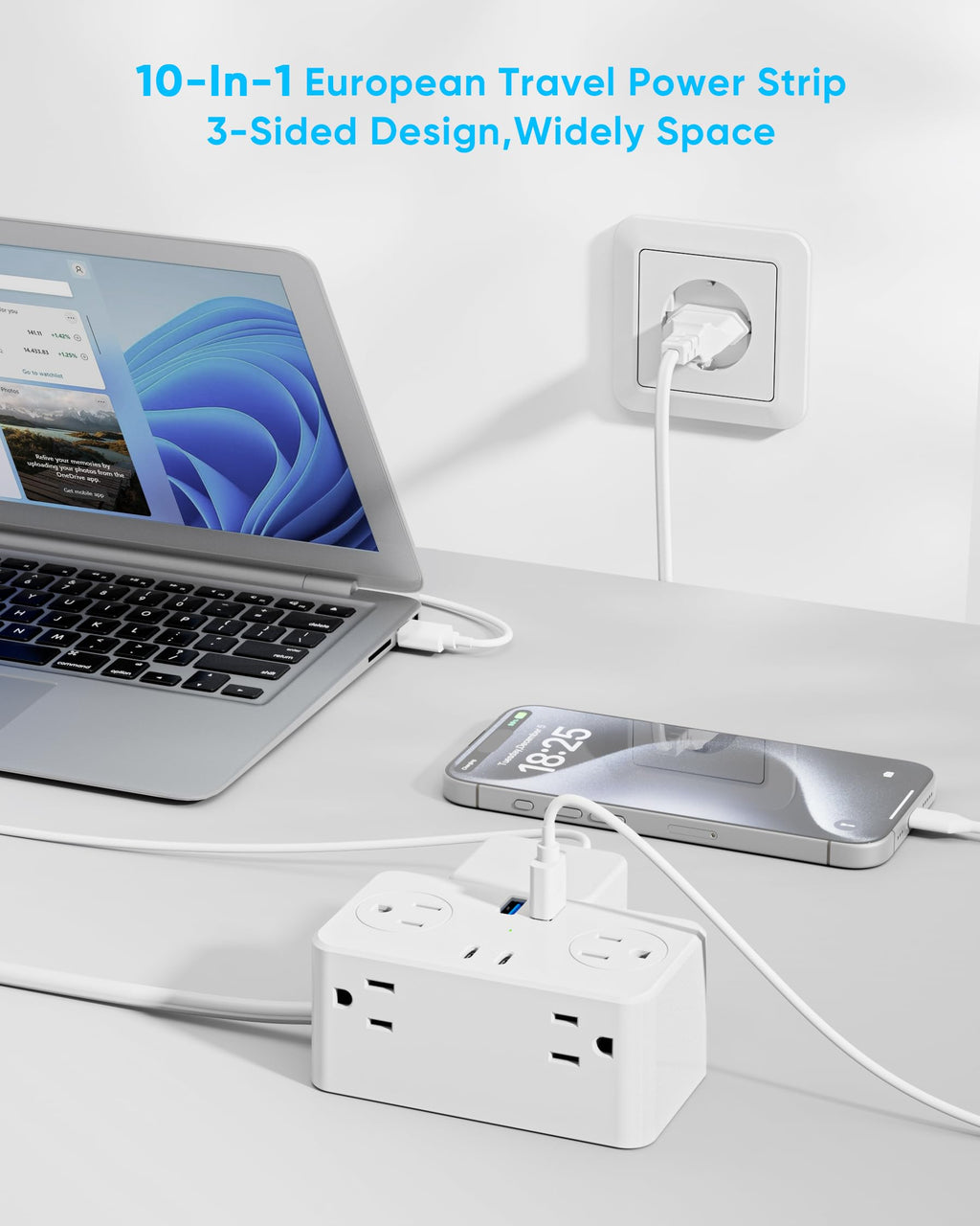 Kakyanill European Travel Plug Adapter, EU/UK/US Travel Plug Adapter Power Strip, 6 AC Outlets, 4 USB Ports (2 USB C), 3ft Wrapped Around Extension Cord, Universal Travel Adapter