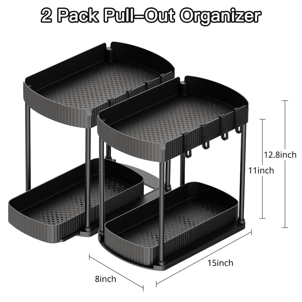 2 Packs Under Sink Pull-Out Storage Organizers, 12.8 Inches, Black