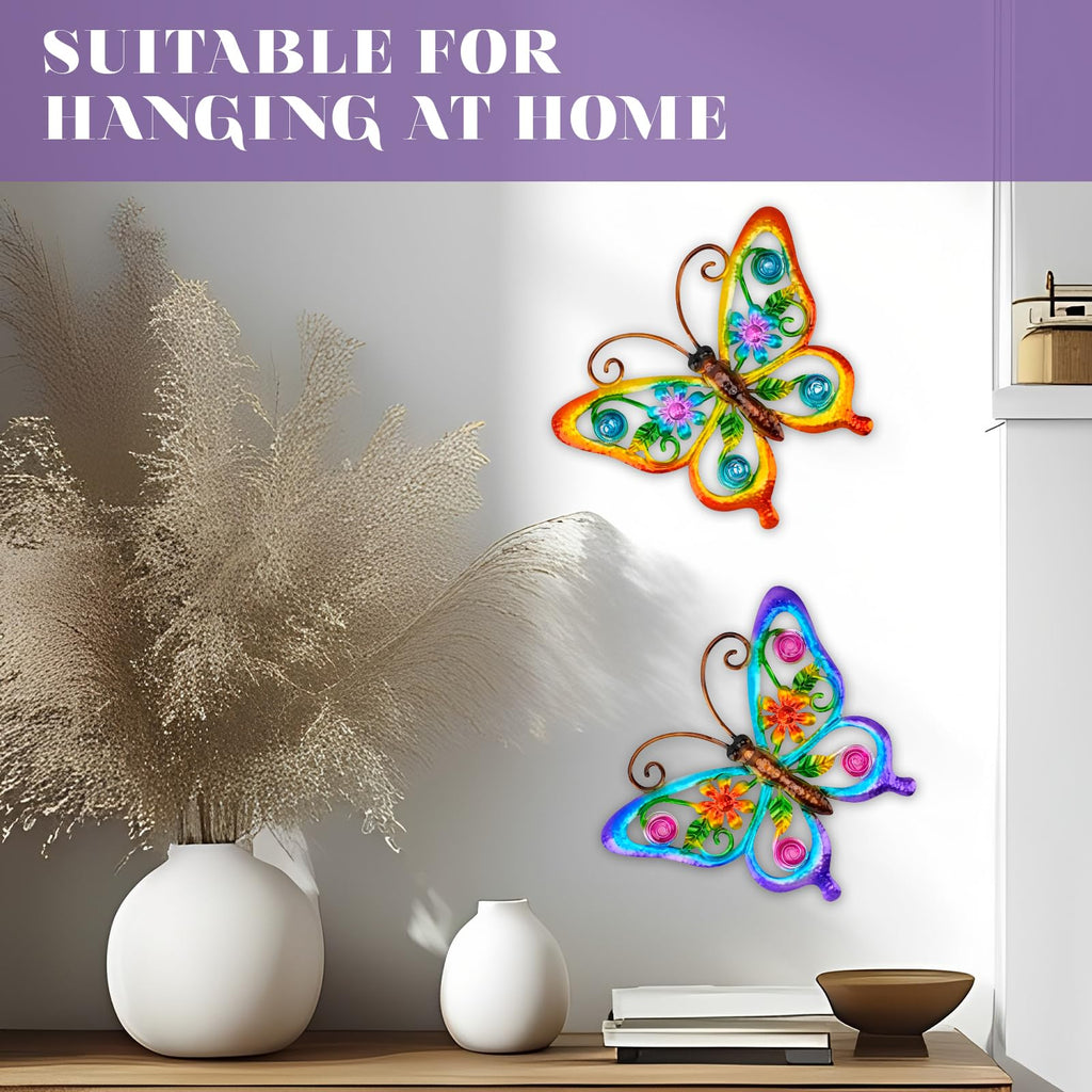 YIWEMON 2 Pack Metal/Glass Butterfly Wall Decor, 14.2" Outdoor Fence Wall Art Decor, Wall Sculpture Hanging Decoration Perfect for Garden Yard Living Room Bedroom Patio Balcony