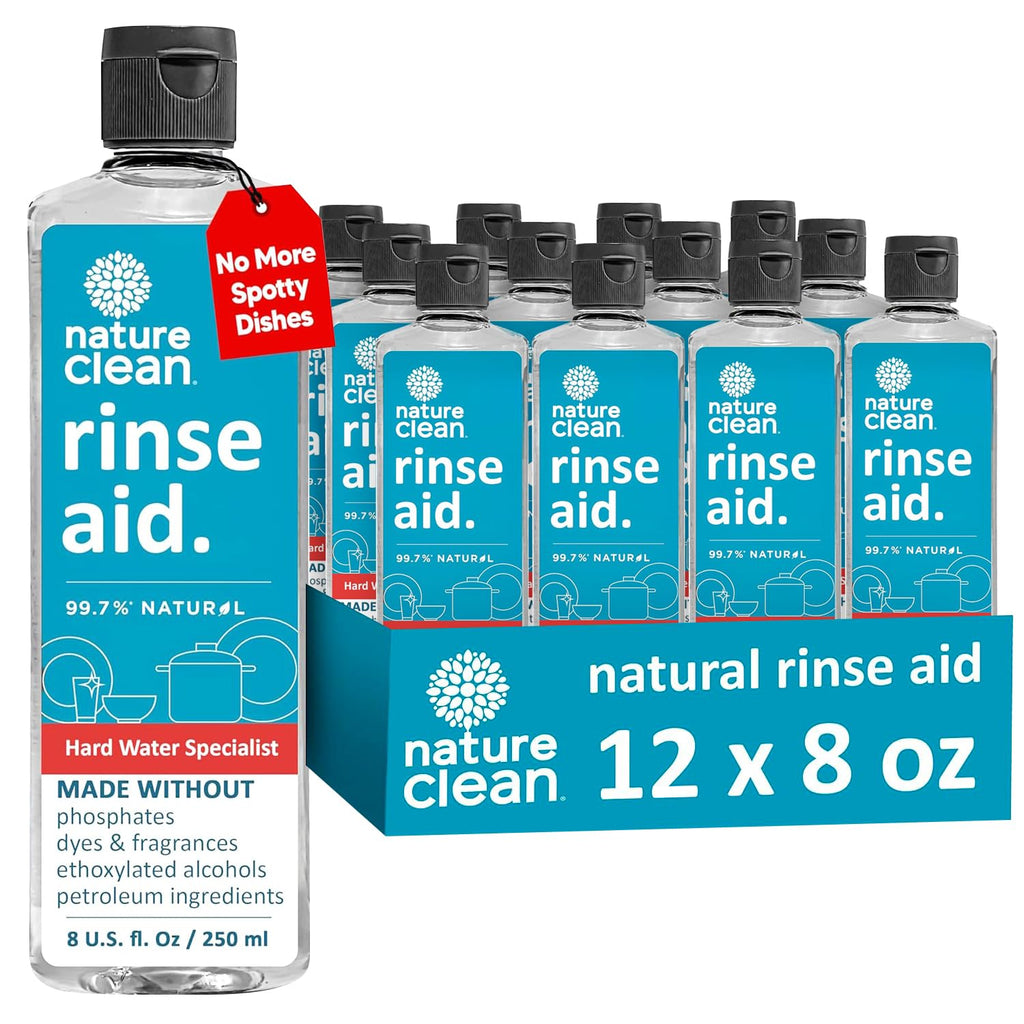 Nature Clean Dishwasher Rinse Aid Liquid, Non Toxic Natural Formula, Spot Free Shine for Glasses & Dishes, Hard Water Stain Remover, Dishwasher Drying Agent, 8 oz/250 ml Pack of 12