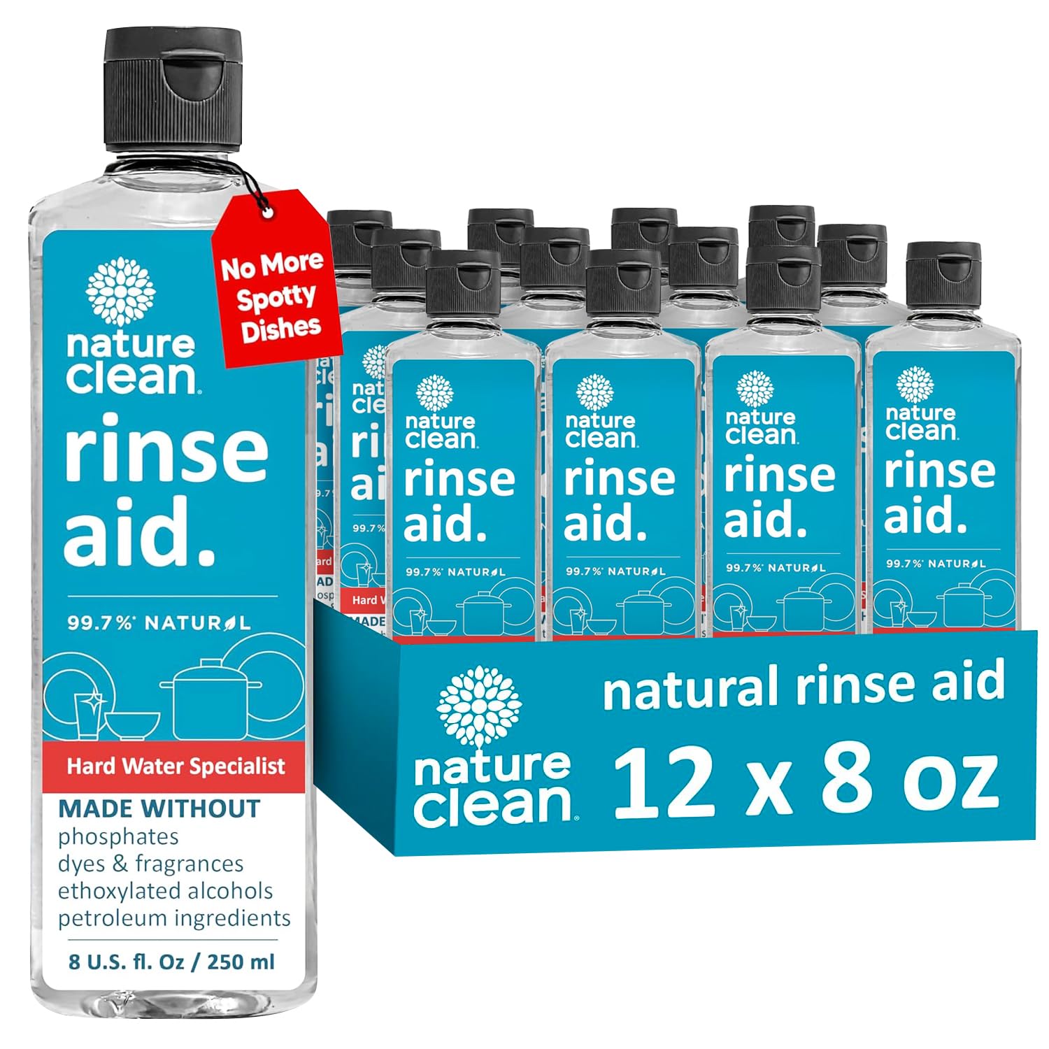 Nature Clean Dishwasher Rinse Aid Liquid, Non Toxic Natural Formula, Spot Free Shine for Glasses & Dishes, Hard Water Stain Remover, Dishwasher Drying Agent, 8 oz/250 ml Pack of 12