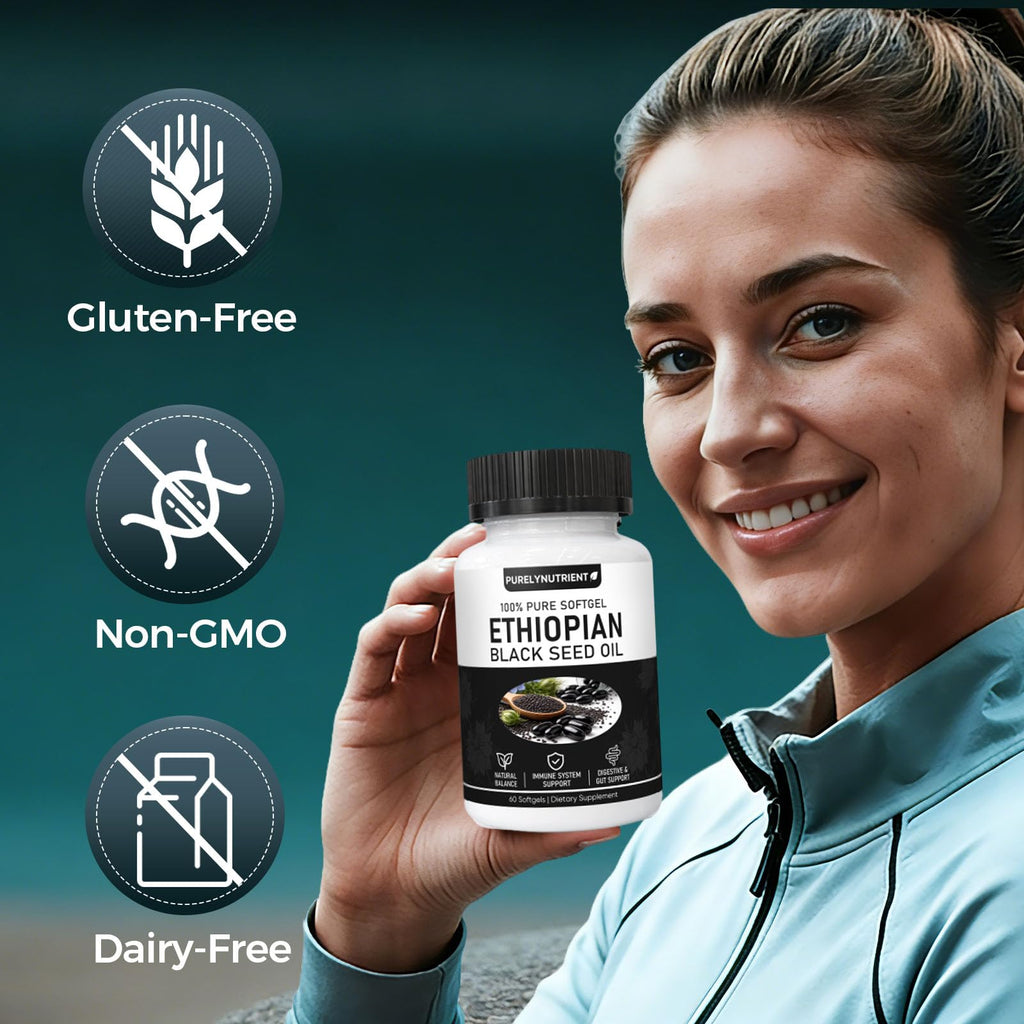 TUVAAZ PURELYNUTRIENT Ethiopian Black Seed Oil Capsules with 4.64% Thymoquinone, Immune Support & Digestion & Energy Booster, Non-GMO, Gluten-Free, 60 Count