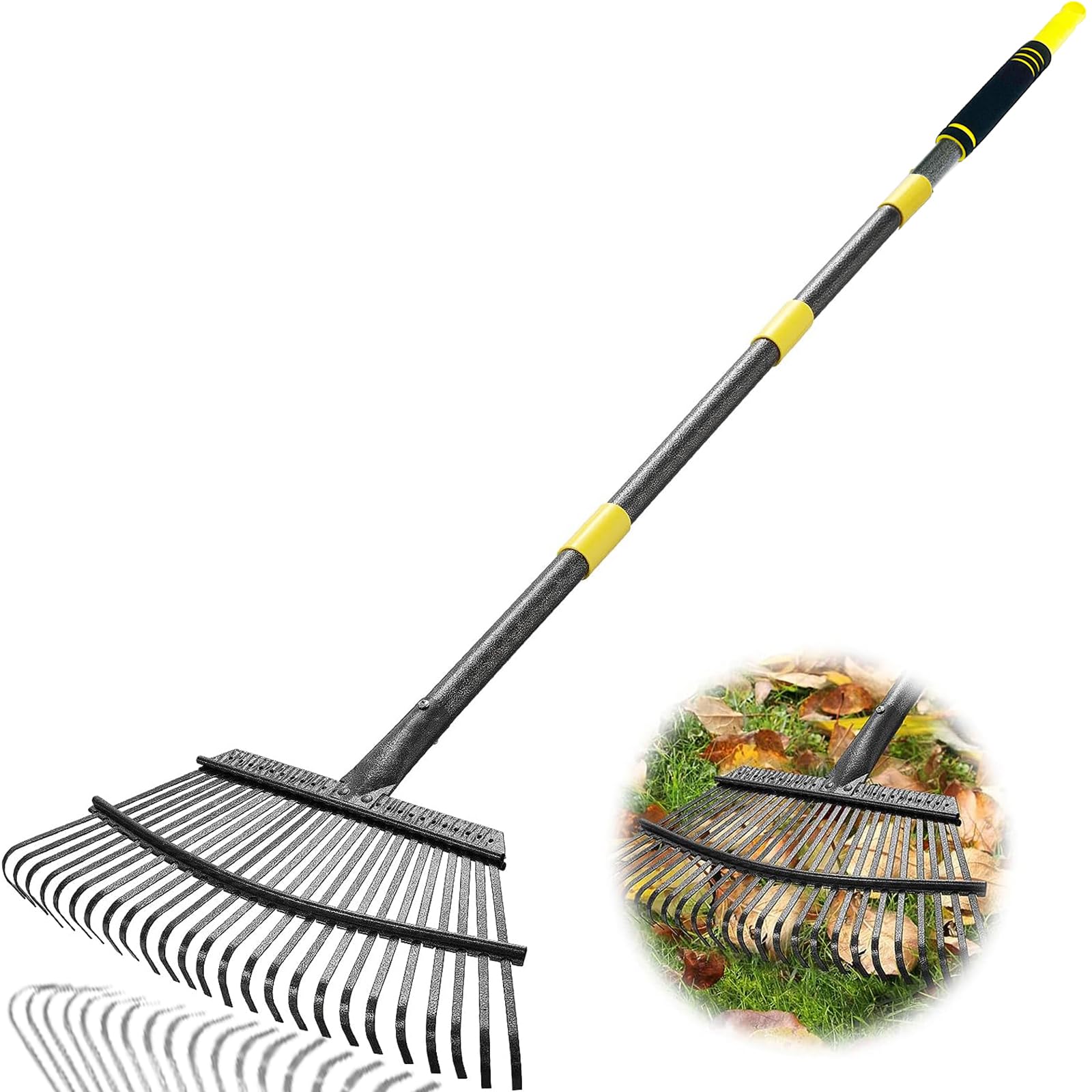 Coopvivi Garden Leaf Rakes, 6FT Rakes for Lawns Heavy Duty 25 Metal Tines 18.5 inch Wide, Adjustable Steel Handle, Rakes for Leaves, Gathering Shrub, Grass, Flower Beds