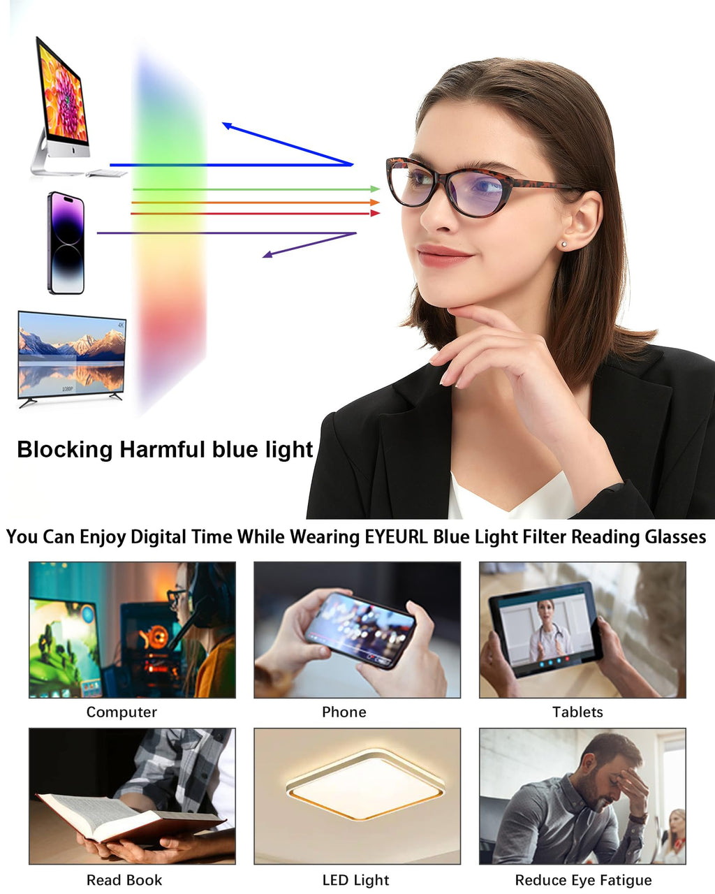 EYEURL 4 Pack Cat Eye Reading Glasses for Women, Blue Light Blocking Readers Lightweight Spring Hinge Anti Eyestrain UV Fashion Eyeglasses +1.50