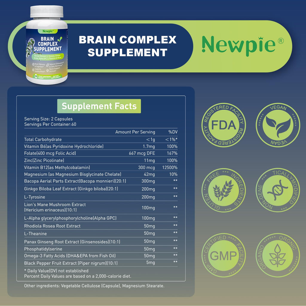 Newpie Brain Supplements for Memory & Focus,15 in 1 Brain Supplement Nootropic with Bacopa Monnieri,Alpha GPC, Ginkgo Biloba,Lion's Mane for Mental Clarity & Concentration 120 Caps (2)