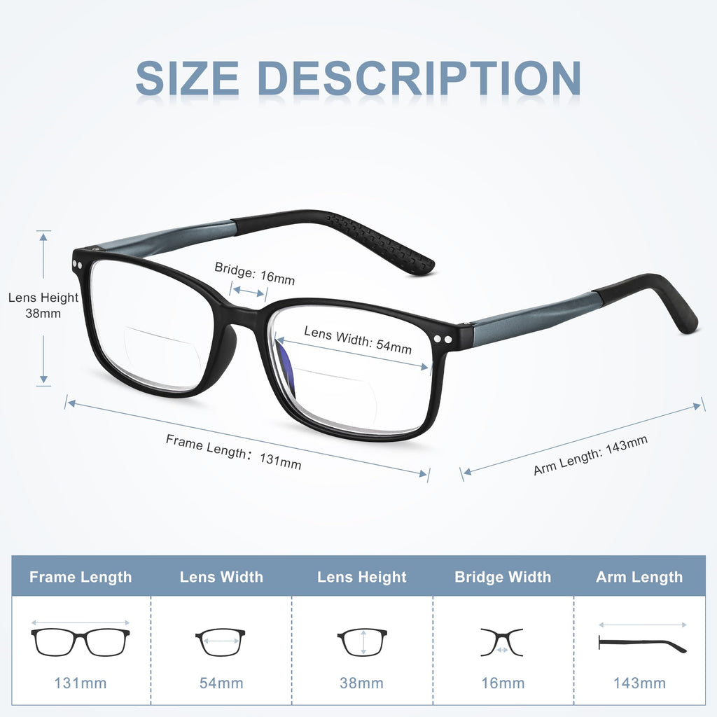 EASY READ 2 Pairs TR90 Bifocal Reading Glasses for Men,Rectangular Sport Blue Light Blocking Readers with Spring Hinge(Magnification 1.50,Black/Blue)