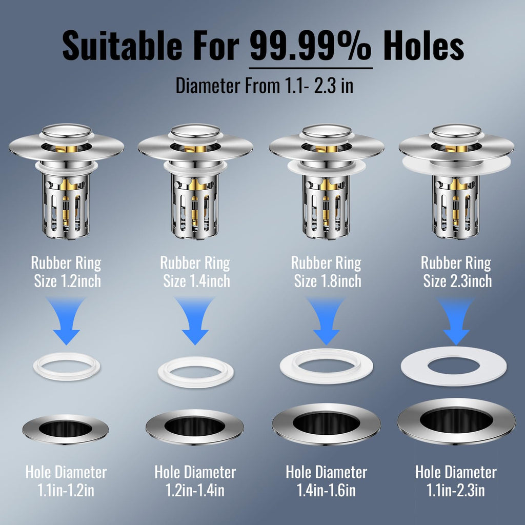 5-in-1 Bathroom Sink Stopper, 2 Pc Pop-Up Drain Stopper with Removable Hair Catcher, Anti-Clog Strainer, Odor Blocking & One-Way Flow Design, All Metal Brass Core & Stainless Steel, Fit 1.1"–2.36"
