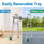 Loyoda Folding Walker with Tray, 5" Wheels Lightweight Walkers for Seniors and Adults, Supports Up to 350 Pounds, Adjustable Height, Compact Standard Walker, Silver