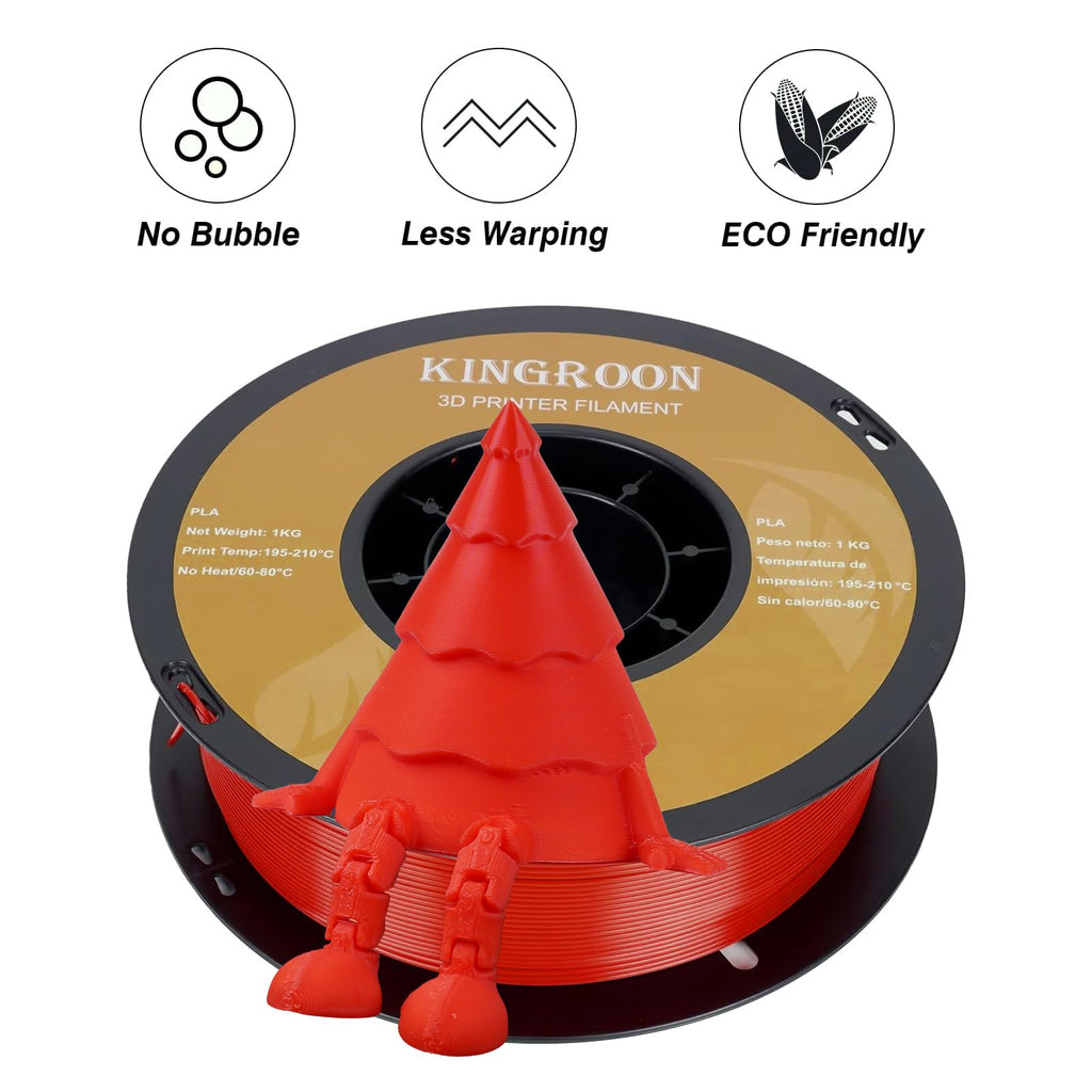 Kingroon PLA 3D Printer Filament, Dimensional Accuracy +/- 0.02 mm, 1 kg Spool(2.2lbs), 1.75 mm，Red