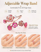 GATIHOK Peach Blossom Ring, Pink Flower Rings for Women Gemstone Everyday Trendy Bridal Bridesmaid Adjustable Metal Ring Hand Flower for Wedding Silver Minimalist Bloom Petal Rings Vacation