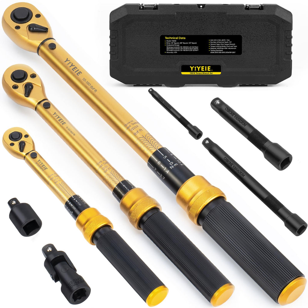 1/4 3/8 1/2-inch Drive Click Torque Wrench, 8Pcs Torque Wrench Set 10-230in.lb, 5-50ft.lb, 10-180ft.lb with Adapters, ±3% Accuracy, 72-Tooth Dual Scale Torque Wrenches for Bike, Moto, Car Repair