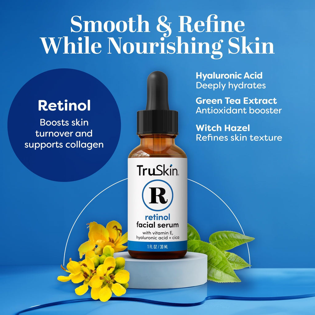 TruSkin Retinol Serum for Face – Gentle, Skin Friendly Anti-Aging Retinoid with Hyaluronic Acid, Cica & Vitamin E – Retinol Facial Serum for Smoother-Looking Skin & Improved Texture, 1 Fl Oz