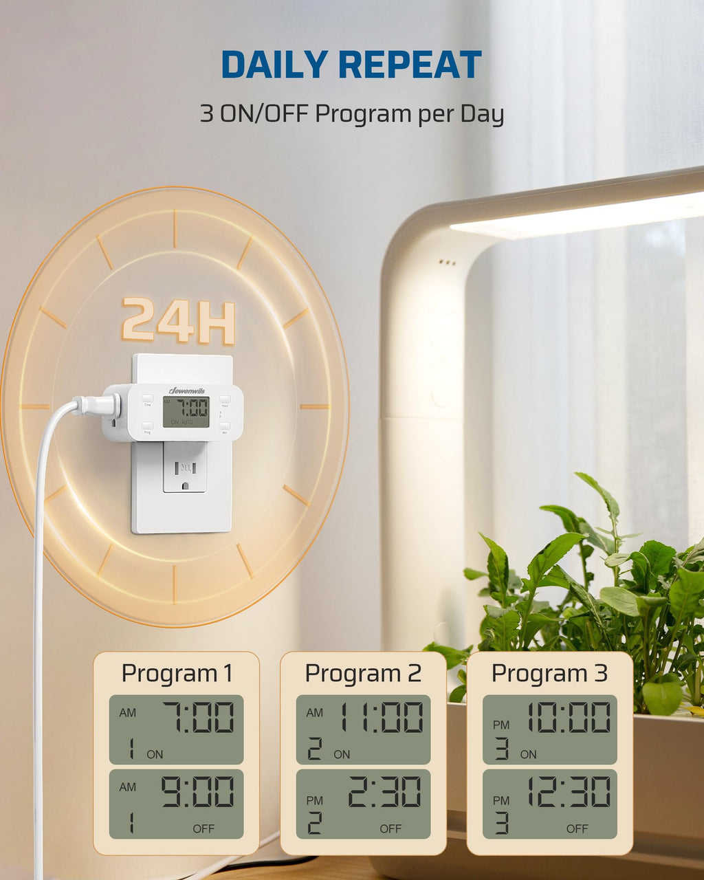 DEWENWILS 24 Hour Programmable Digital Timer Outlet, 2 Pack Timers for Electrical Outlets, Light Timer for Indoor Lamp Fan Aquarium, 1 Grounded Outlet, 125V/15A/1000W, 3 Prong, 1/2 HP,White