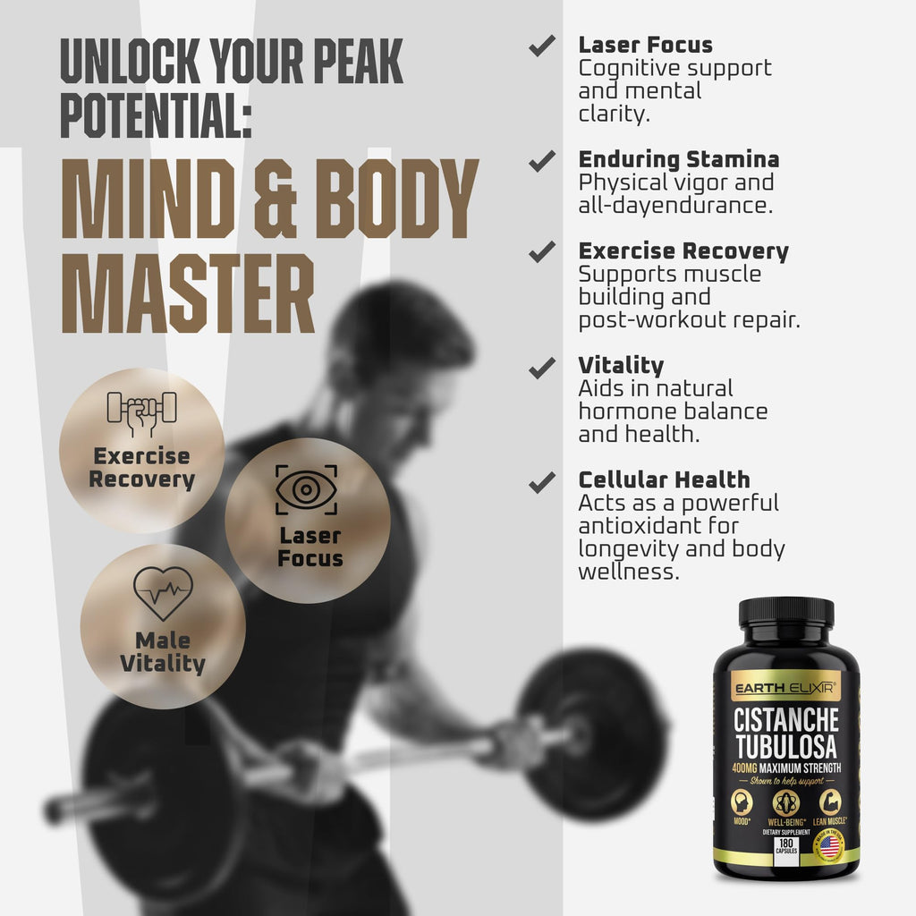 Earth Elixir Cistanche Supplement for Men & Women – Potent Cistanche Tubulosa Extract Capsules for Daily Vitality, Strength & Performance Support – Made in USA, 3rd Party Tested & 3 Month Supply