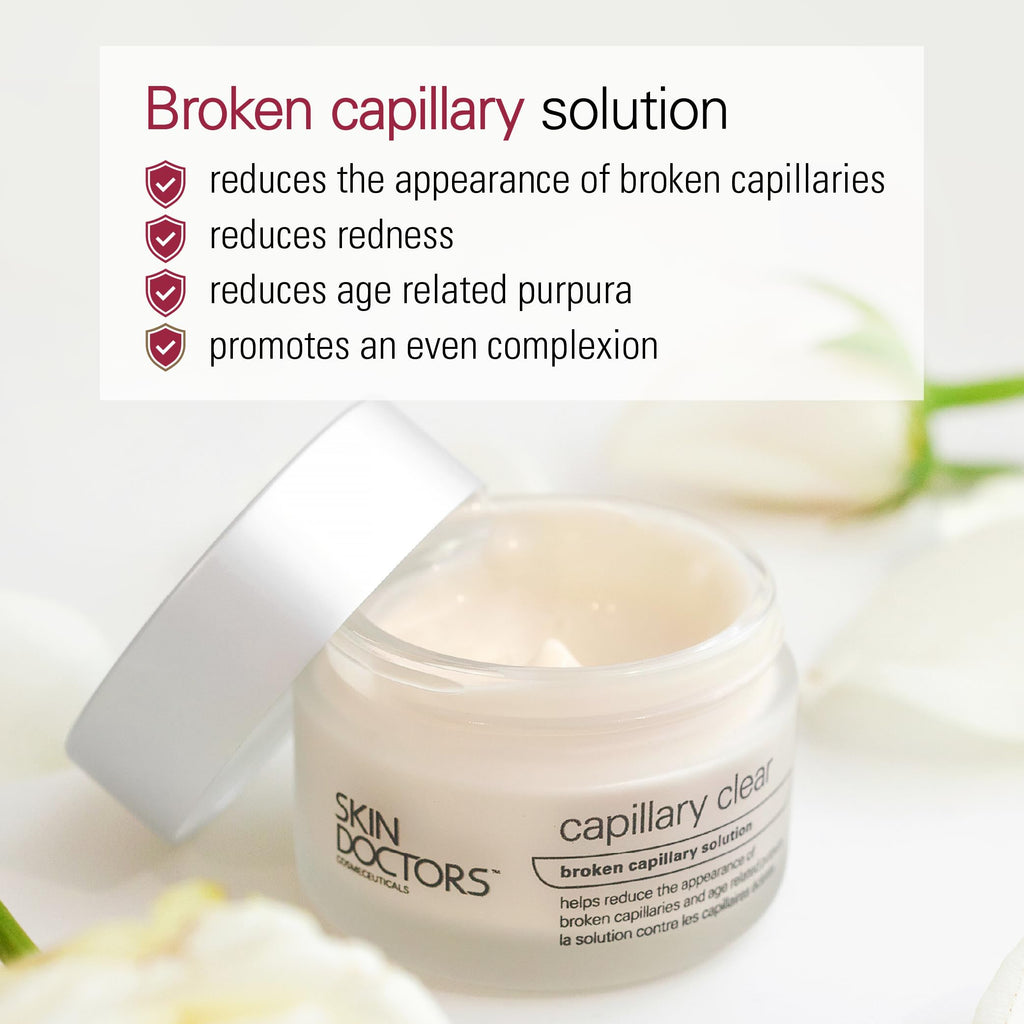 Skin Doctors, Capillary Clear Helps improve the appearance of broken capillaries Reduces the appearance of burst blood vessels help to reduce facial redness and promote an even complexion 50ml