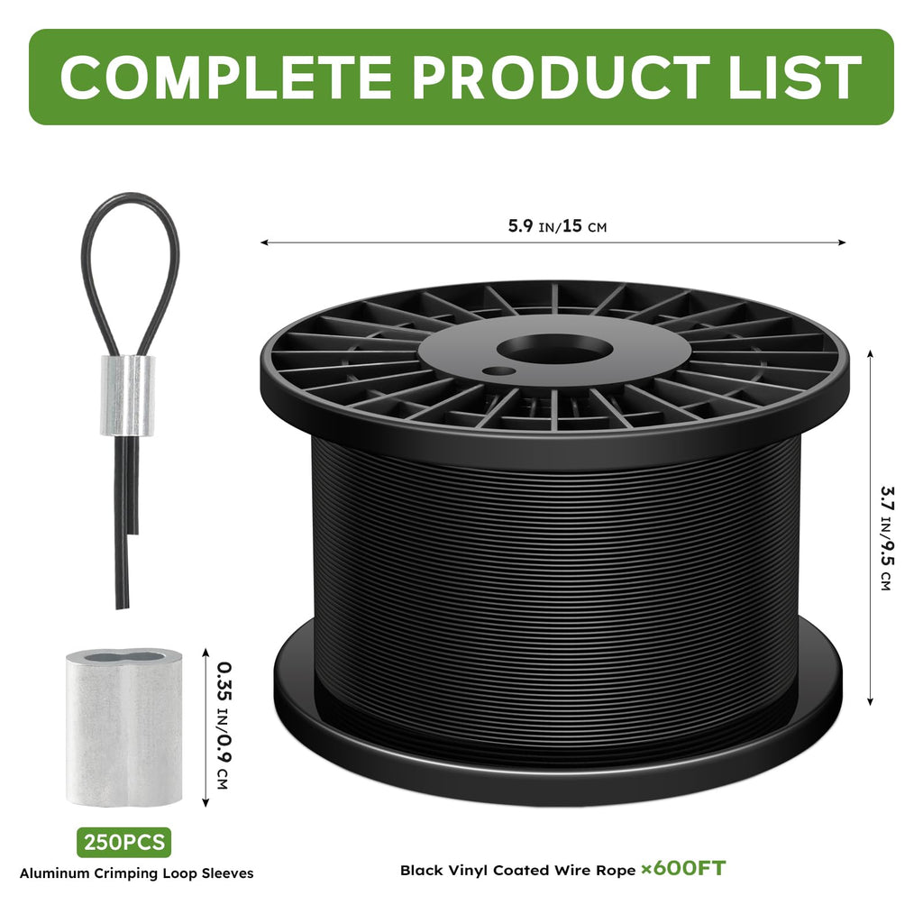 KALLSDY Black Vinyl Coated Wire Rope 1/16", 600FT 304 Stainless Steel Cable with 250PCS Aluminum Crimping Loop Sleeves for String Light Cable, Clotheslines, Trellis and Light Picuture Hanging