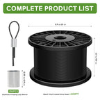 KALLSDY Black Vinyl Coated Wire Rope 1/16", 600FT 304 Stainless Steel Cable with 250PCS Aluminum Crimping Loop Sleeves for String Light Cable, Clotheslines, Trellis and Light Picuture Hanging
