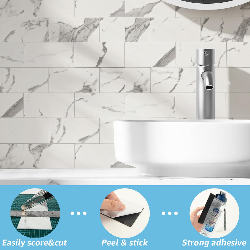Art3d 102-Piece Faux Stone Peel and Stick Backsplash Tile, Waterproof Thick PVC Stick On Subway Wall Tile for Kitchen Bathroom Laundry Room Fireplace - 3" x 6" Gray Marble