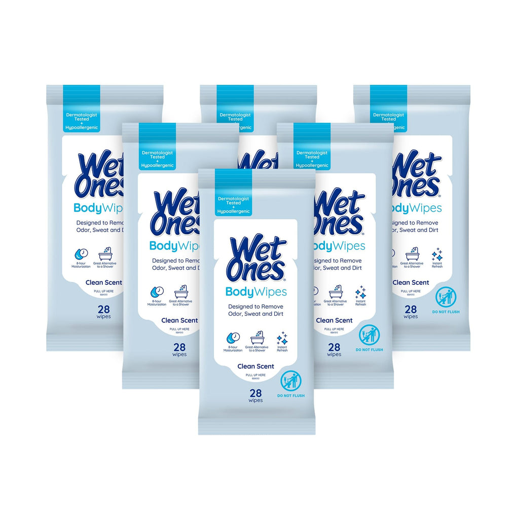 Wet Ones Body Wipes, Clean Scent Body Cleansing Wipes, Travel Size Wipes, 28ct (6 pack)